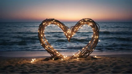 Photo sur Plexiglas Coucher de soleil sur la plage Many vibrant heart shape setup at beaches with lights, Valentine day wallpaper, Wedding at the beach, 4k photography