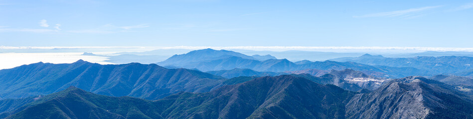 Panoramic view on Mediterranean sea and Gibraltar from the Torrecilla peak, Sierra de las Nieves...