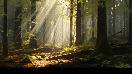 Fototapeta na wymiar A dense, sunlit forest, the interplay of light and shadow creating a captivating visual spectacle, highlighting the elegance of nature's design - Generative AI