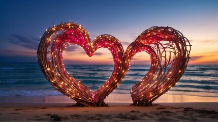 Many vibrant heart shape setup at beaches with lights, Valentine day wallpaper, Wedding at the...