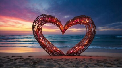 Many vibrant heart shape setup at beaches with lights, Valentine day wallpaper, Wedding at the...