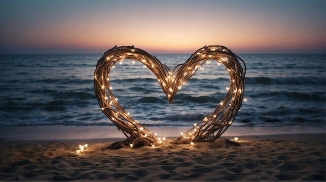 Many vibrant heart shape setup at beaches with lights, Valentine day wallpaper, Wedding at the beach, 4k photography