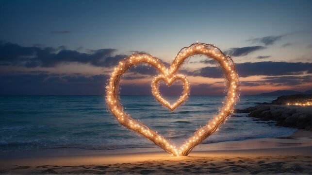 Many vibrant heart shape setup at beaches with lights, Valentine day wallpaper, Wedding at the beach, 4k photography