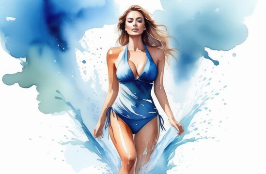 watercolor illustration of sexy caucasian female in bikini with water splashes. seductive swimsuit