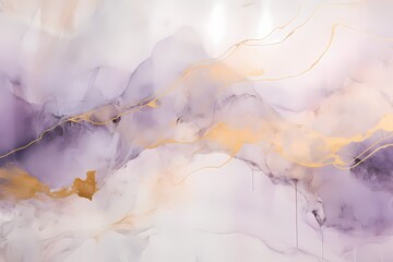 Subtle lavender strokes interlace with bold mustard hues, forming an abstract dreamscape on the canvas.