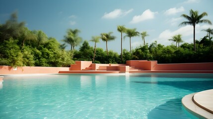 Obraz premium Modern pool design, tropical setting, clear water, luxury, summer, architecture, stylish, leisure, palm trees, tranquil, serene, resort