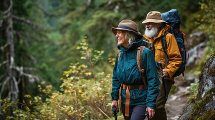 Senior couple hiking in lush green forest