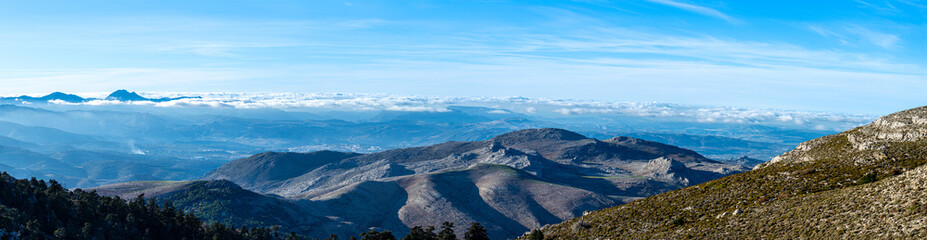 Panoramic view from the hiking trail to Torrecilla peak, Sierra de las Nieves national park, Andalusia, Spain - obrazy, fototapety, plakaty