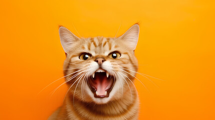Portrait of an aggressive hissing cat in close-up on an orange background.