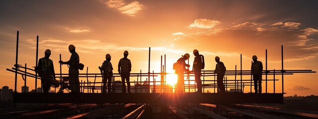 Silhouette of construction workers on the construction site at sunset. Engineer banner concept. 