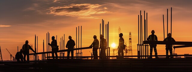 Silhouette of construction workers on the construction site at sunset. Engineer banner concept. 