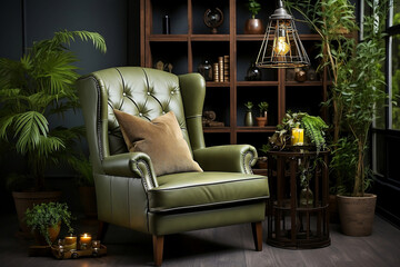 Beautiful green wingback chair near window. Classic home - 715013340