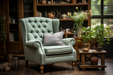 Beautiful green wingback chair near window. Classic home - 715013352