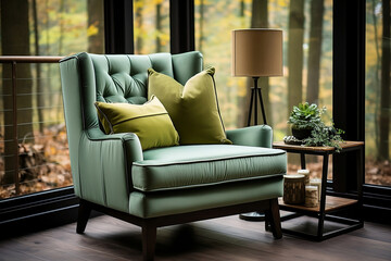 Beautiful green wingback chair near window. Classic home