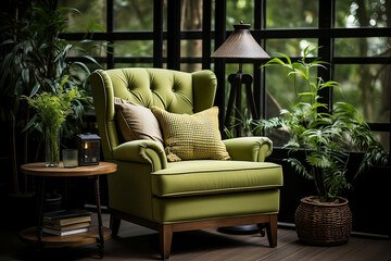 Beautiful green wingback chair near window. Classic home - 715013386
