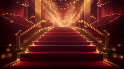 Red carpet staircase with smoke and spotlights, holiday awards ceremony event