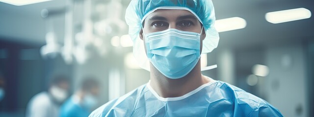 Surgeon man with blue medical uniform in operating room. Portrait of a surgeon in a hospital - obrazy, fototapety, plakaty