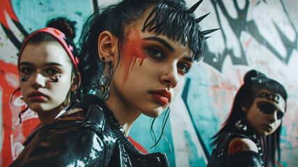 A young punk group boldly expresses rebellion through anarchic symbols, typography, and provocative images, reflecting a rebellious spirit and freedom of expression. - obrazy, fototapety, plakaty