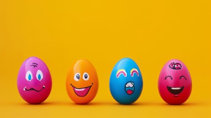 Colorful eggs with drawn faces on a yellow background with a blue edge.