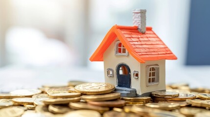 A small model house on a pile of coins, with a blurred green background, financial literacy and real estate investment