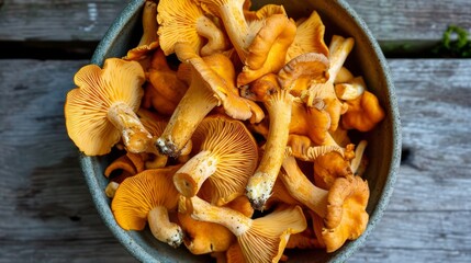 A bowl of fresh chanterelle mushrooms on a rustic wooden surface.