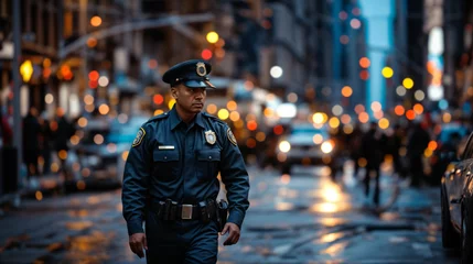 Poster A police officer on patrol, walking through a bustling city street, in full uniform, symbolizing law enforcement's role in maintaining public safety © bluebeat76