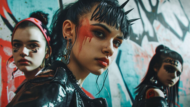 A young punk group boldly expresses rebellion through anarchic symbols, typography, and provocative images, reflecting a rebellious spirit and freedom of expression.