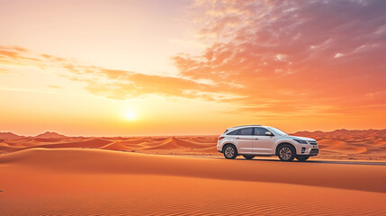 Fototapeta na wymiar SUV Driving Through Desert Dunes kicking up sand on vast desert landscape at sunset
