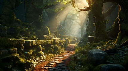 Sunlight filtering through dense forest foliage, illuminating a moss-covered pathway in a mystical woodland setting