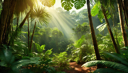 Lush rainforest landscape with palm trees. Nature wallpaper design. Generative ai