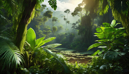Amazon rainforest landscape. Nature wallpaper design. Generative ai - obrazy, fototapety, plakaty