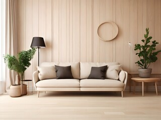 Scandinavian living room interior with a sofa on empty cream wooden wall background