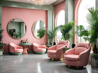 Luxury pink beauty care salon interior with large mirrors, green armchairs in row on grey concrete floor. Dresser with accessories