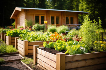 Fototapeta na wymiar Raised garden beds filled with thriving vegetables in a sunny backyard