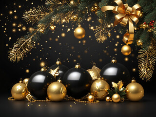 Christmas holiday design. Realistic glitter balls, fir tree branches, golden beads with tinsel and a gift box. New Year black background. with greeting text illustration design.
