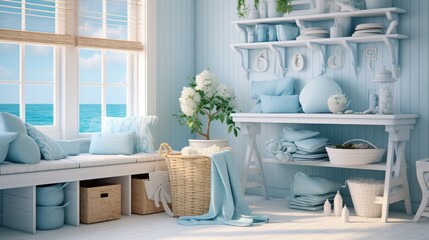 Tranquil Coastal Laundry Room with Light Blue Accents and Ocean View - AI-Generative