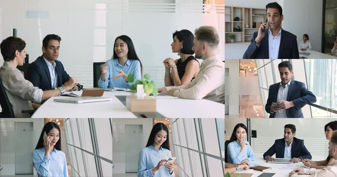 Multiple videos collage view, workflow of diverse race and age businesspeople working together, negotiating, solve business, talk to clients at modern workplace. Group of people busy in company office