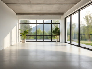 Modern contemporary empty hall with nature view overlooking the living room behind the room has concrete floors, plank ceilings and blank white walls for copy space, sunlight enter the room.
