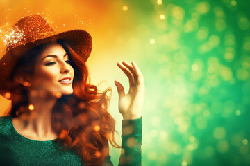 Attractive female model in hat on green background for St. Patrick's Day celebration - obrazy, fototapety, plakaty