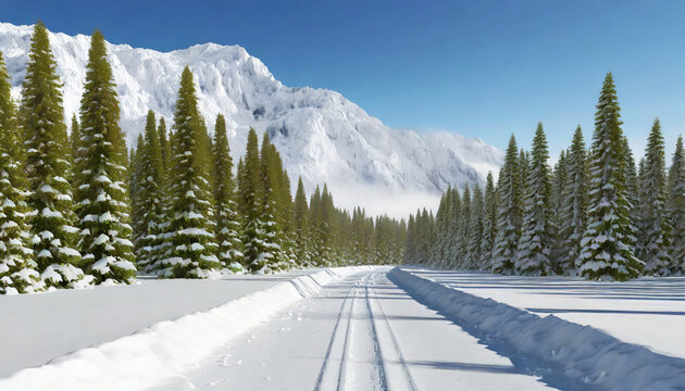 Winter's mountain road through a snowy forest landscape. Generative ai