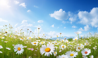 A beautiful, sun-drenched spring summer meadow with daisies. Selective soft focus.