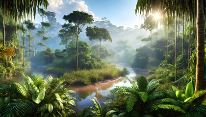 Tropical amazon rainforest morning landscape. Generative ai