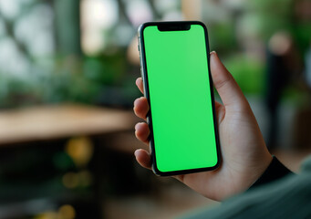 Young woman using smartphone with green chroma key screen with home background, technology concept