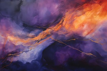 Sunset oranges and midnight purples entwine in a captivating abstract embrace, frozen in a moment of artistic brilliance. - obrazy, fototapety, plakaty