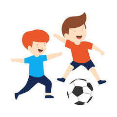 Children playing football happily on white background. Flat vector