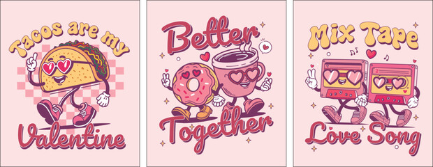 Funky Love Bites: Valentine's Day Poster Series with Whimsical Food Characters in a Groovy Retro Cartoon Style