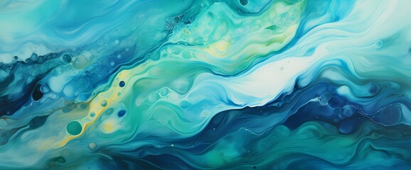 Swirling patterns of vibrant blues, greens, and yellows come together in harmony on a close-up view of a marble texture.