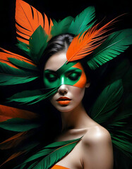 woman with mask and feathers in her hair. generative ai
