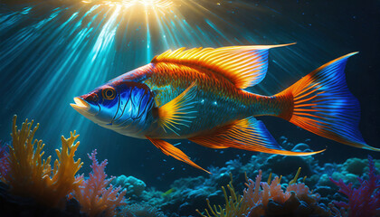 Beautiful fish swims in a vibrant underwater ocean. Generative ai