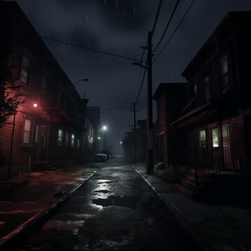 Dark neightborhood, scary ghetto in the middle of the night. Houses with lights, dark concrete. Moderate rain.
Ultra realistic style, high detailed scene. Dramatic ambient.